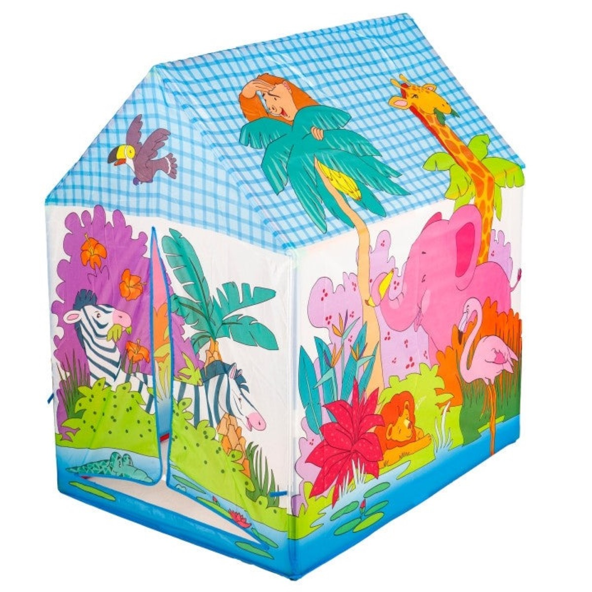 Una carpa de juegos con animales de la jungla como elefante, jirafa, cebra y león.