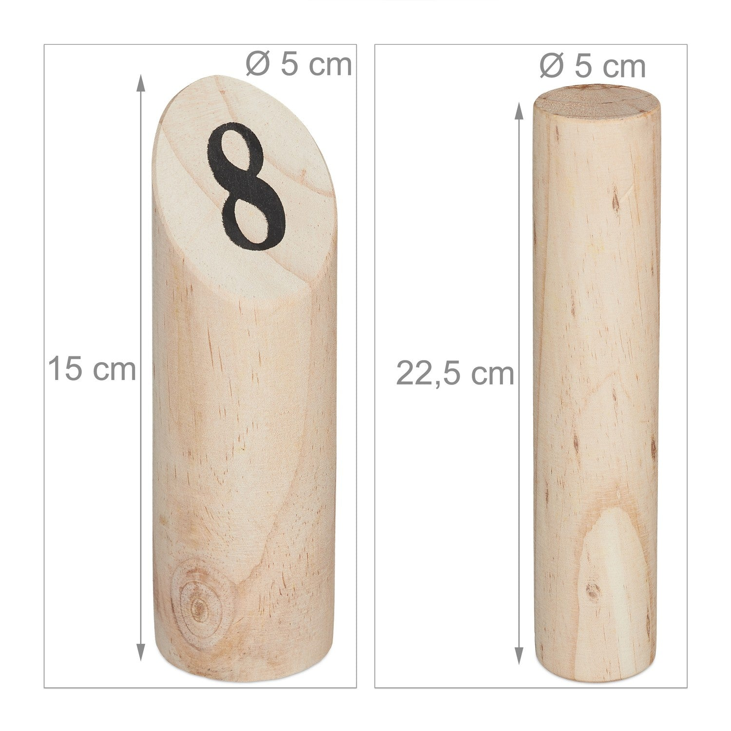 Objetos de madera: cilindro (Ø 5 cm, 22.5 cm) y cilindro inclinado (Ø 5 cm, 15 cm) con número 8.