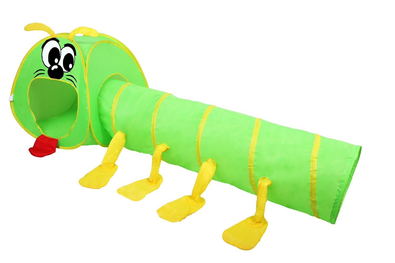 Un túnel de juego verde con forma de oruga, pies amarillos y lengua roja.