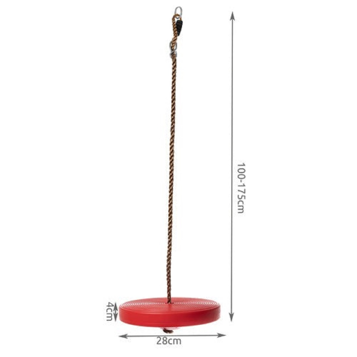 Asiento de columpio rojo, 28cm ancho, 4cm grosor, longitud ajustable 100-175cm.