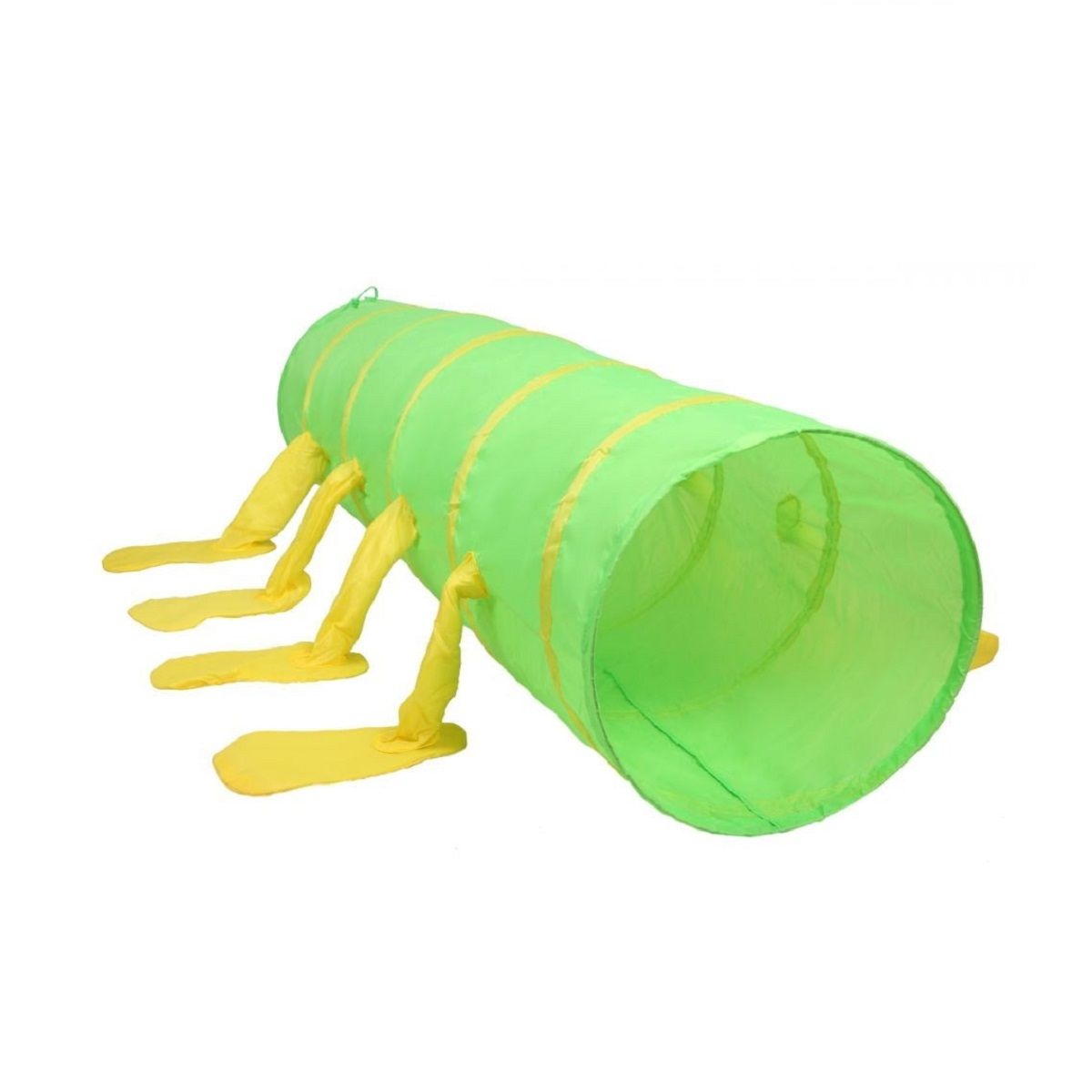 Un tónel de juego verde con rayas amarillas y patas, que parece una oruga.