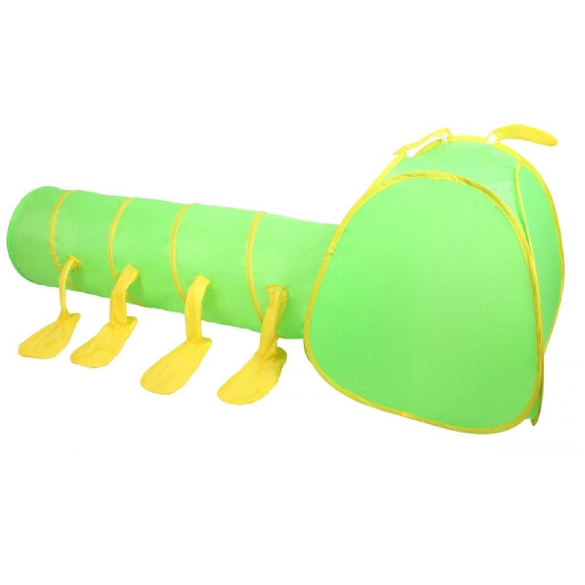 Un túnel de juego verde con forma de oruga y pies amarillos.