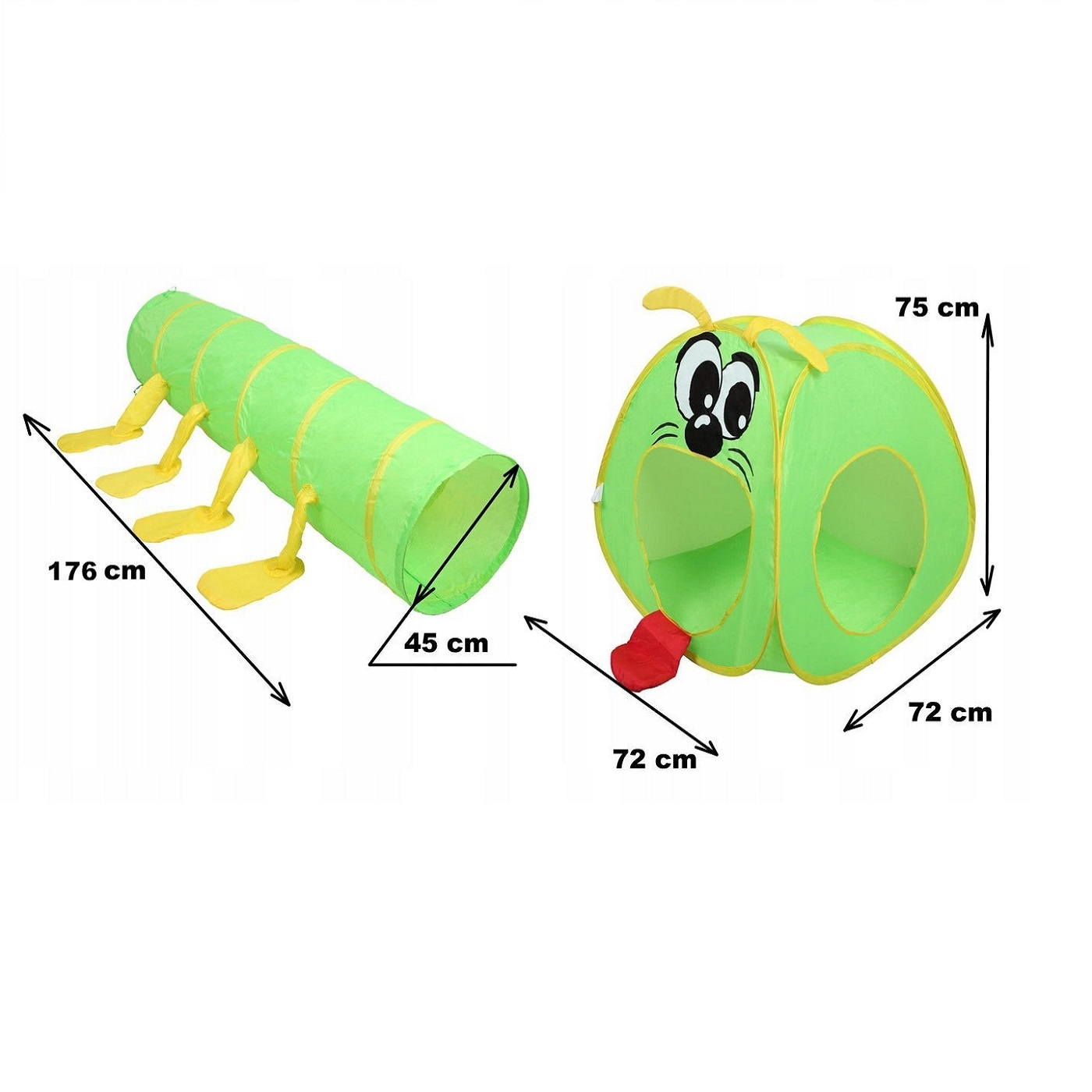 Tienda túnel de juego verde con forma de oruga y patas amarillas.
