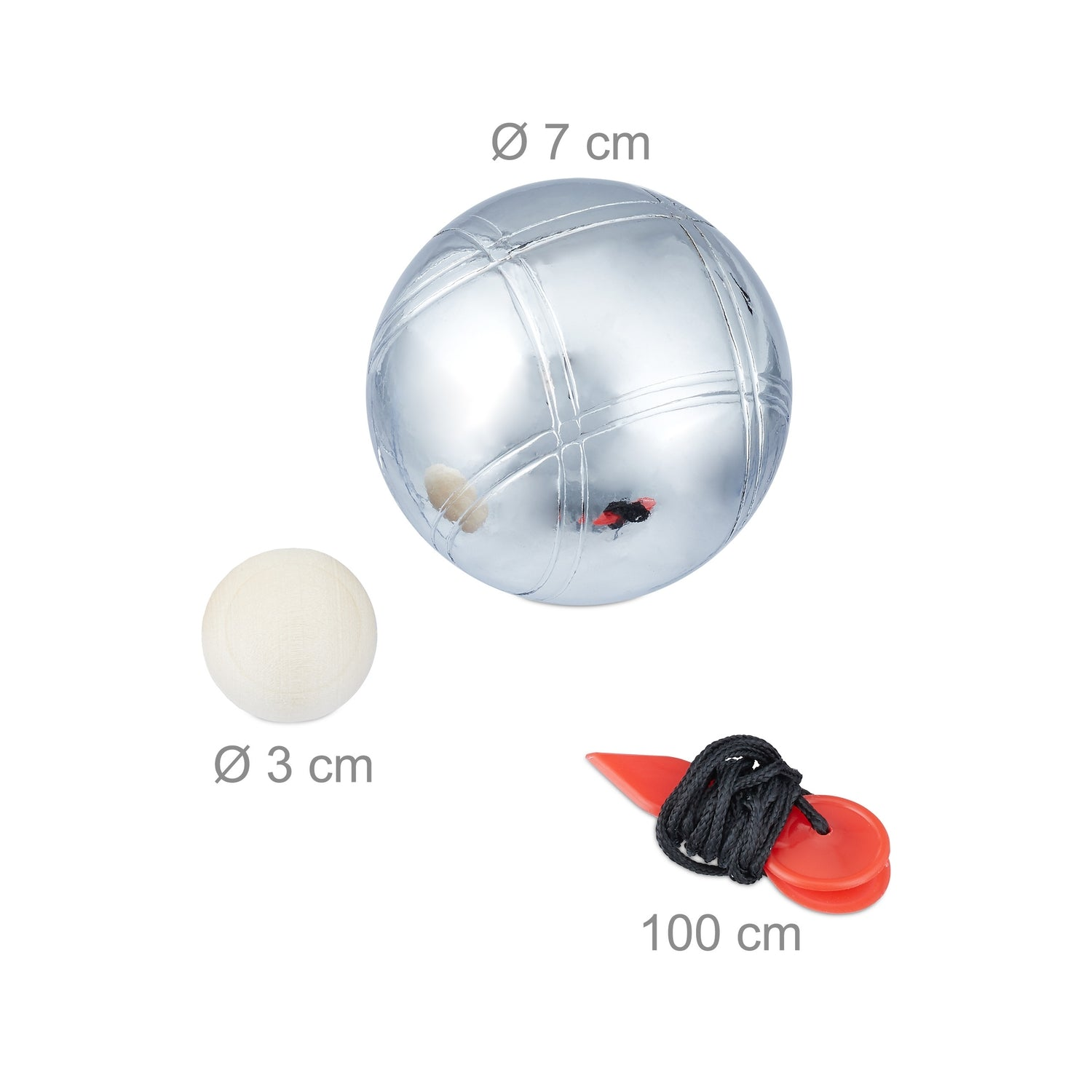Una bola plateada (7 cm), una bola de madera (3 cm) y una diana roja con cuerda (100 cm).