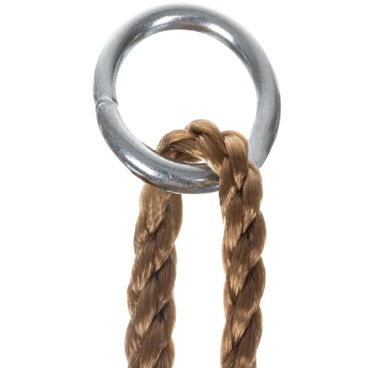 Un anillo plateado con una cuerda marrón pasada a través de él.