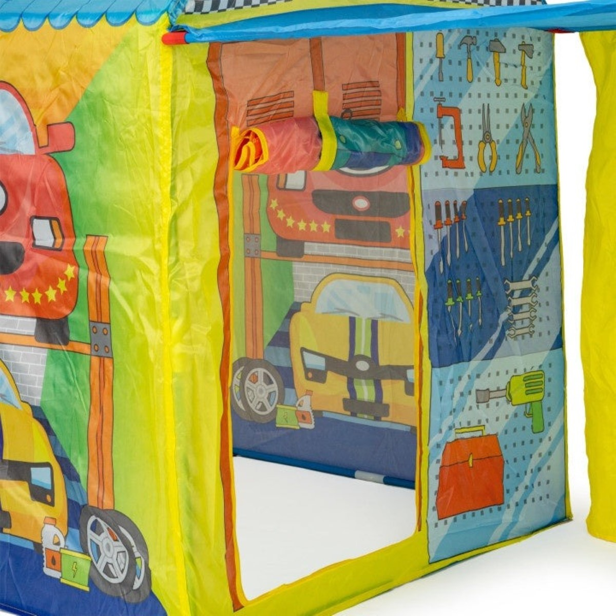 Tienda de campaña de juegos con coches, herramientas y caja de herramientas.
