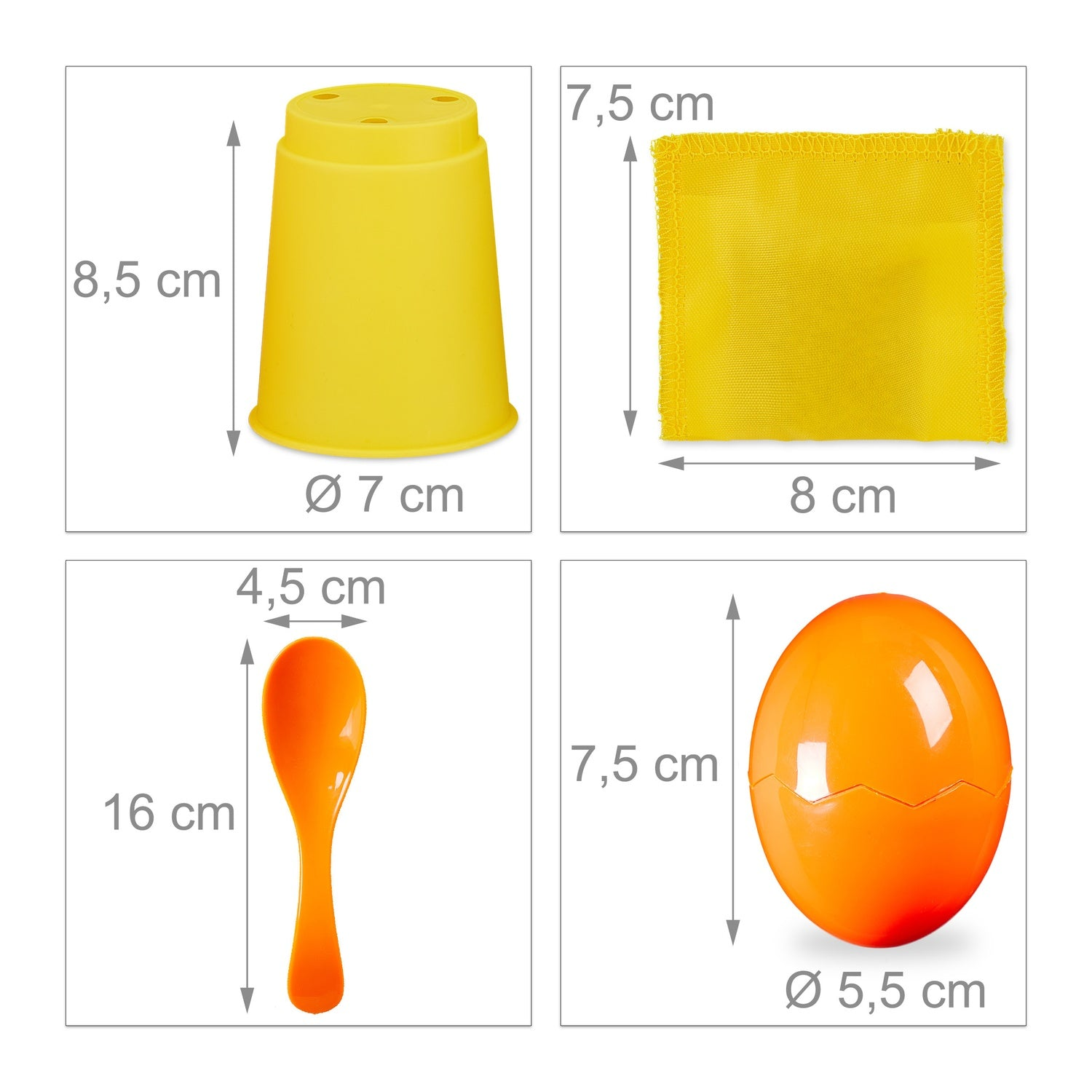Taza amarilla, paño amarillo, cuchara naranja y recipiente de huevo naranja.