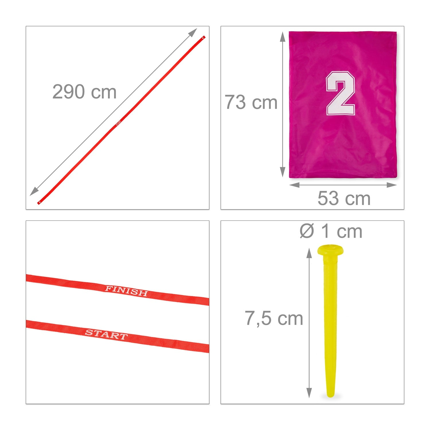 Cuatro imágenes de producto: palo rojo 290 cm, bolsa rosa con nº 2 (73x53 cm), cinta inicio/fin, estaca amarilla (7,5 cm).
