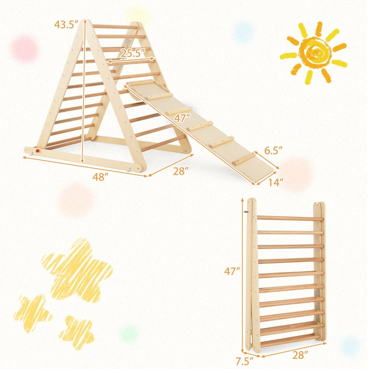 Un triángulo de escalada de madera con rampa y escalera, se muestran dimensiones.