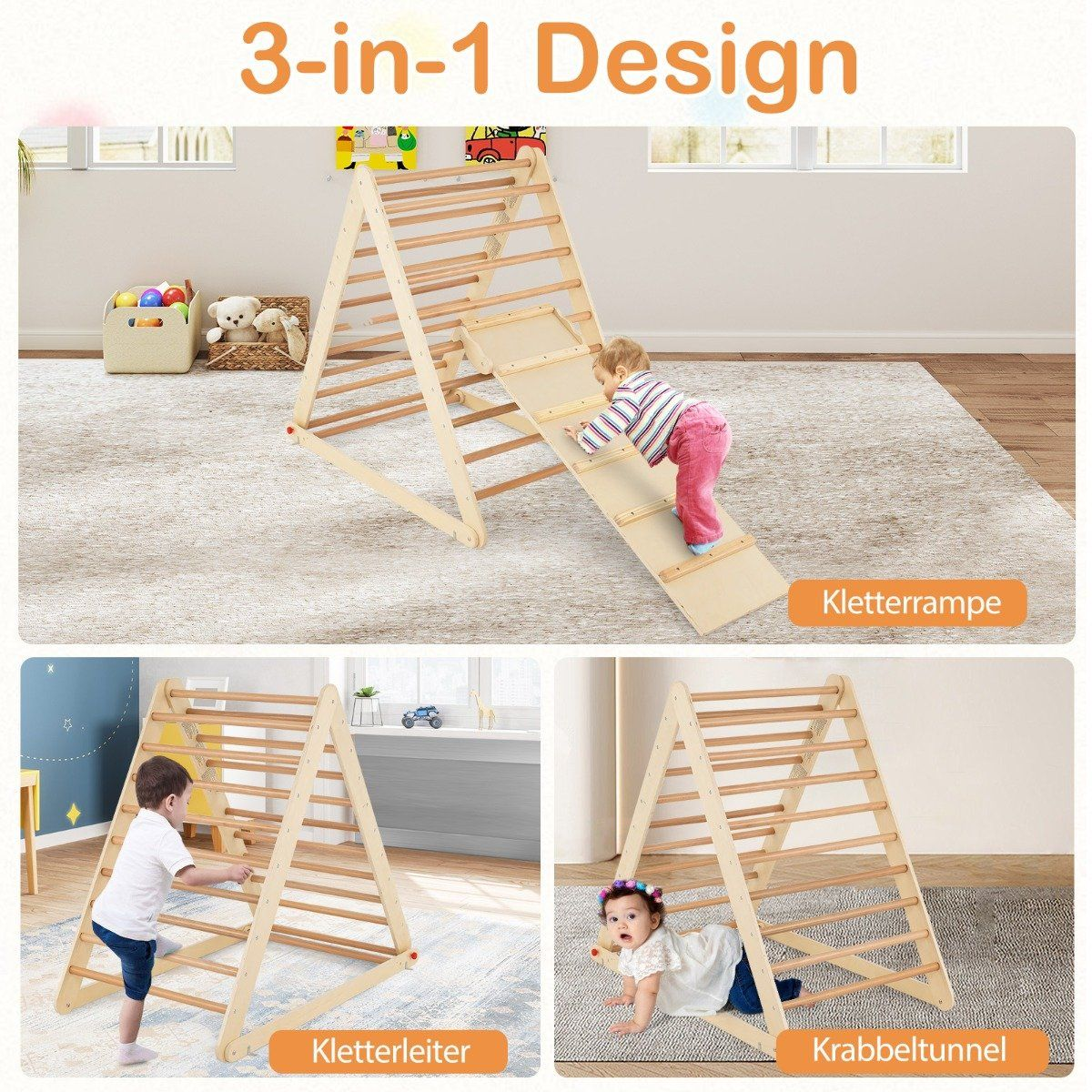 Triángulo de escalada de madera con niños: bebé se desliza, niño escala, bebé gatea.