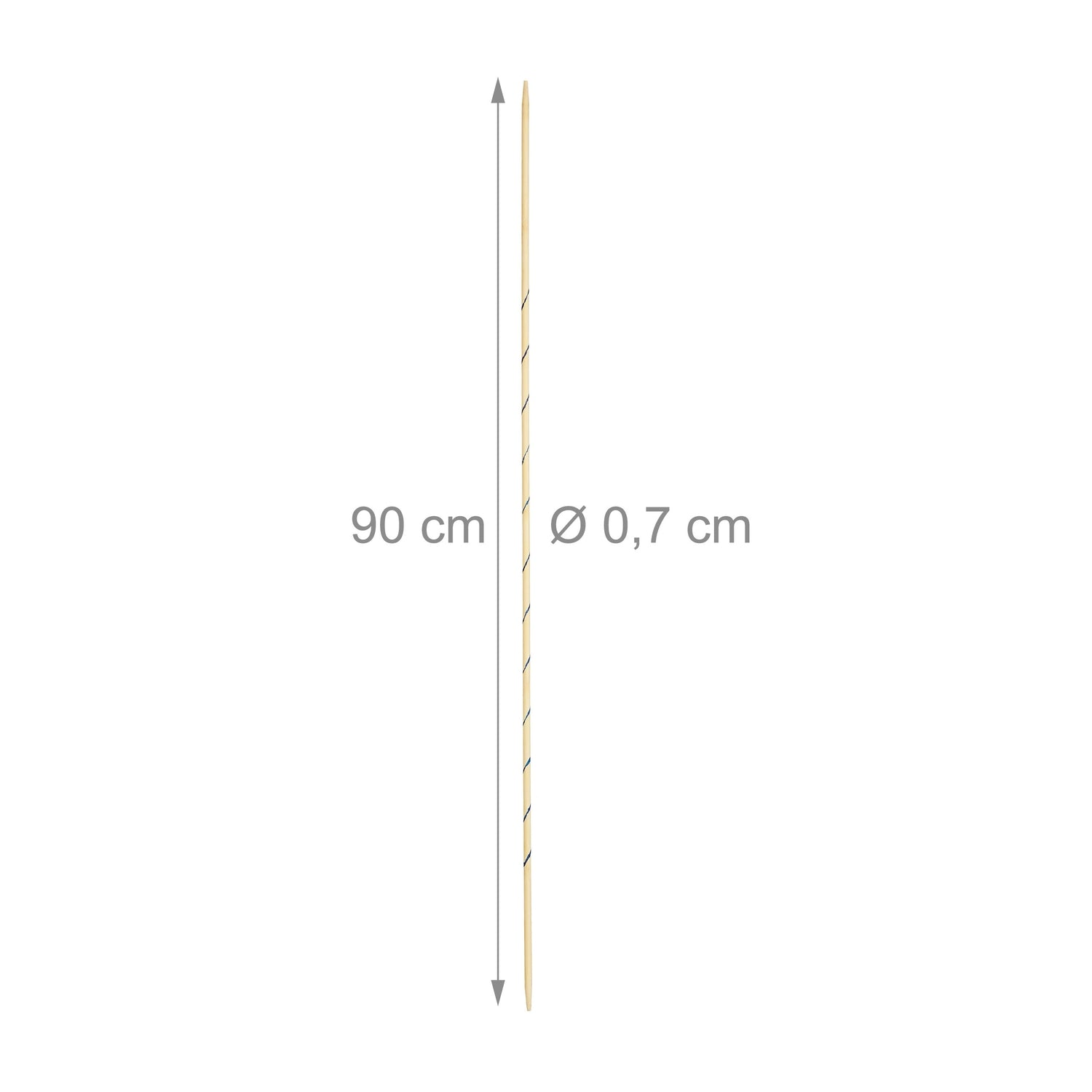 Un palo de madera fino y largo con marcas, 90 cm de largo, 0,7 cm de diámetro.