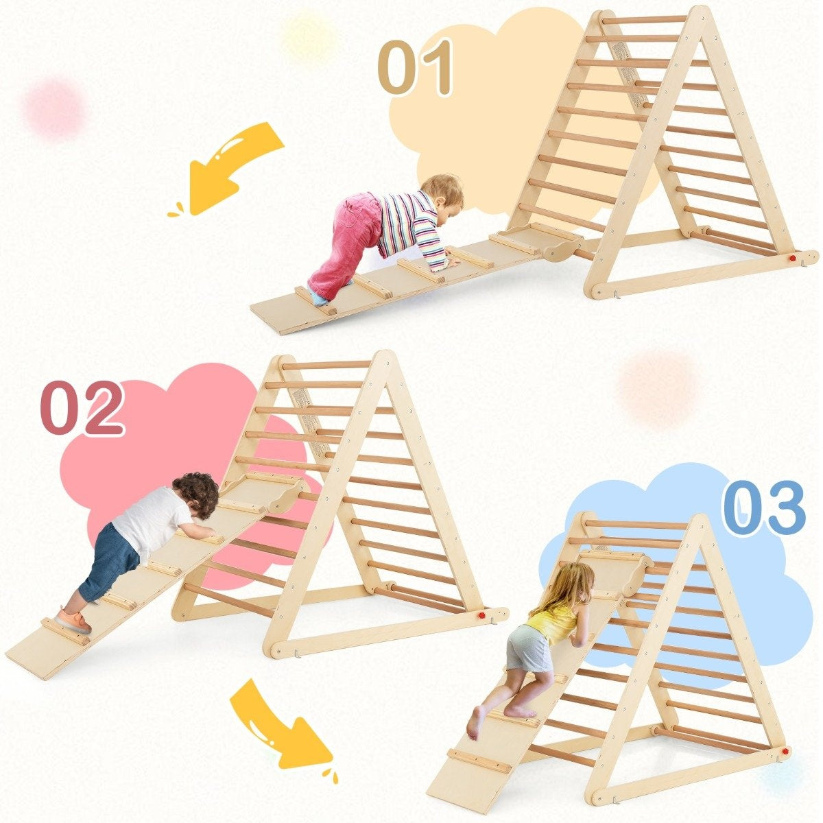 Niños trepando estructuras de juego de madera: bebé gateando, niño subiendo, otro ascendiendo.