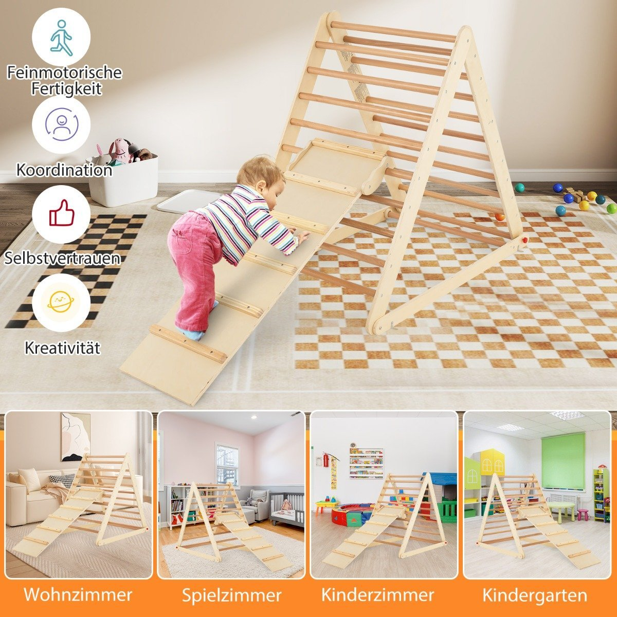 Un niño trepa una estructura de madera con rampas. A su lado hay cuatro escenas.