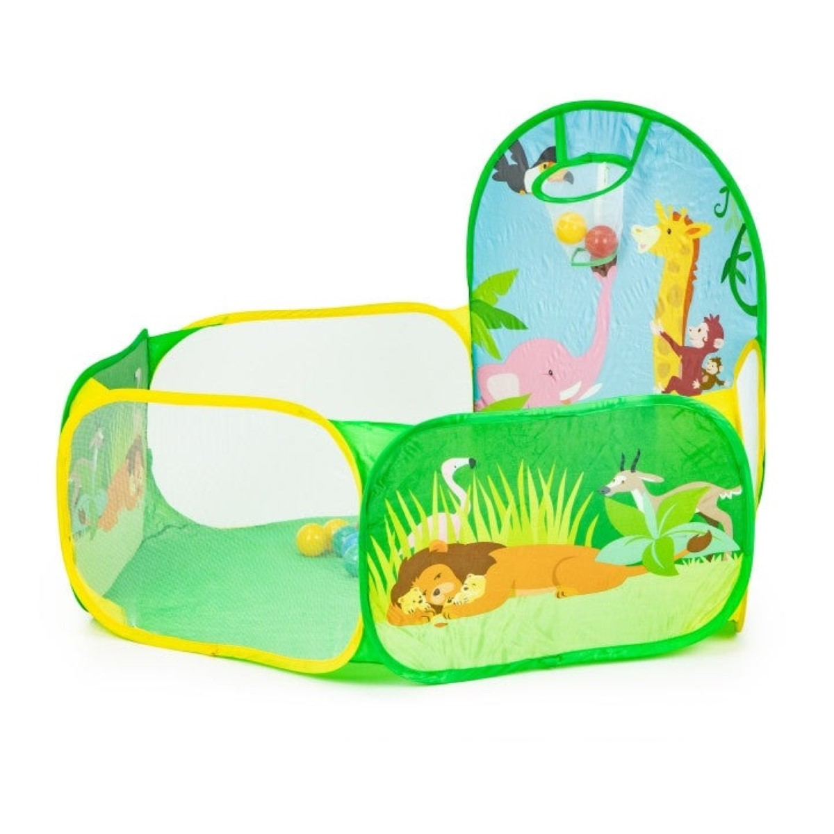Una carpa de juegos verde y amarilla con gráficos de animales de la jungla.