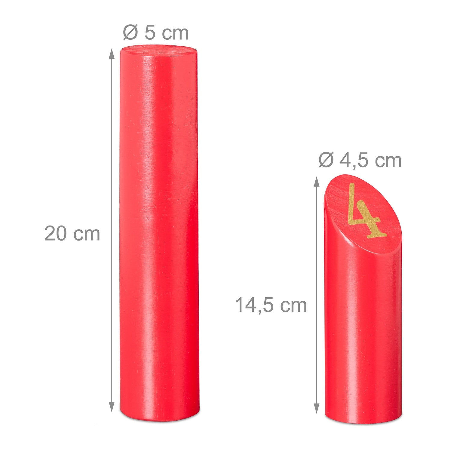 Dos cilindros rojos con dimensiones, uno con el número 4.