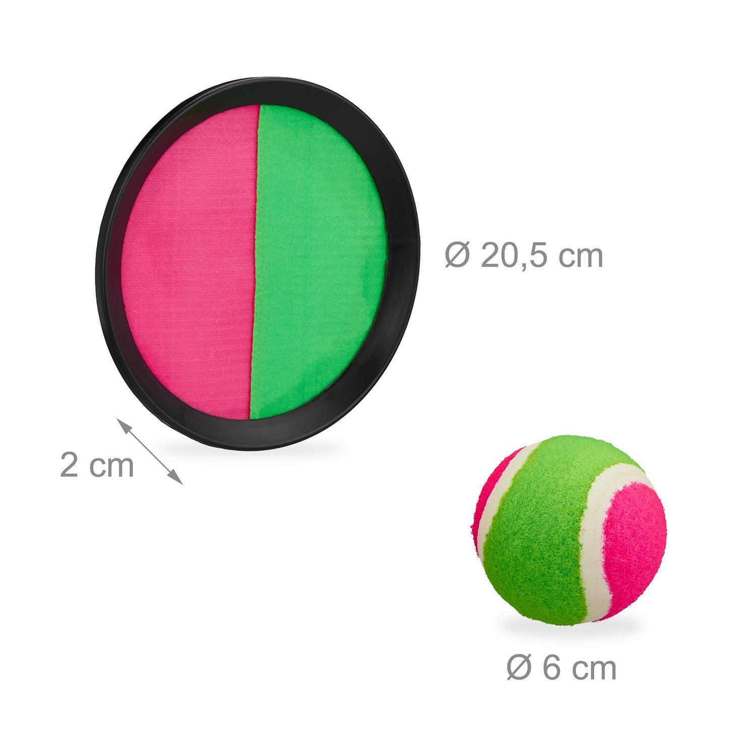 Un juego de atrapar con pelota, pala rosa/verde, pelota rosa/verde/blanca.