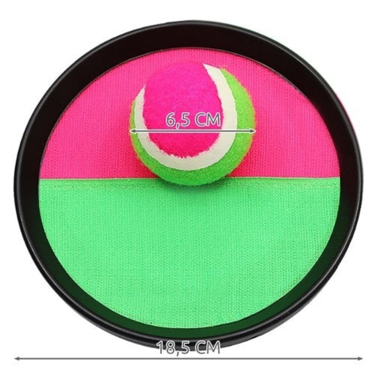 Una pala de atrapar con fondo rosa y verde que muestra una pelota.