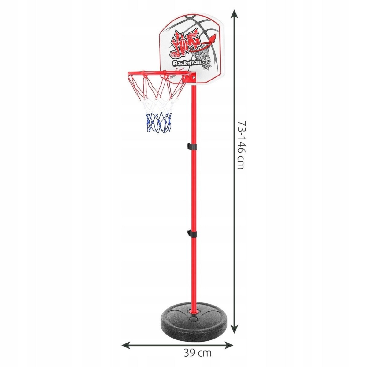 Aro de baloncesto ajustable con poste rojo, tablero blanco y red azul.