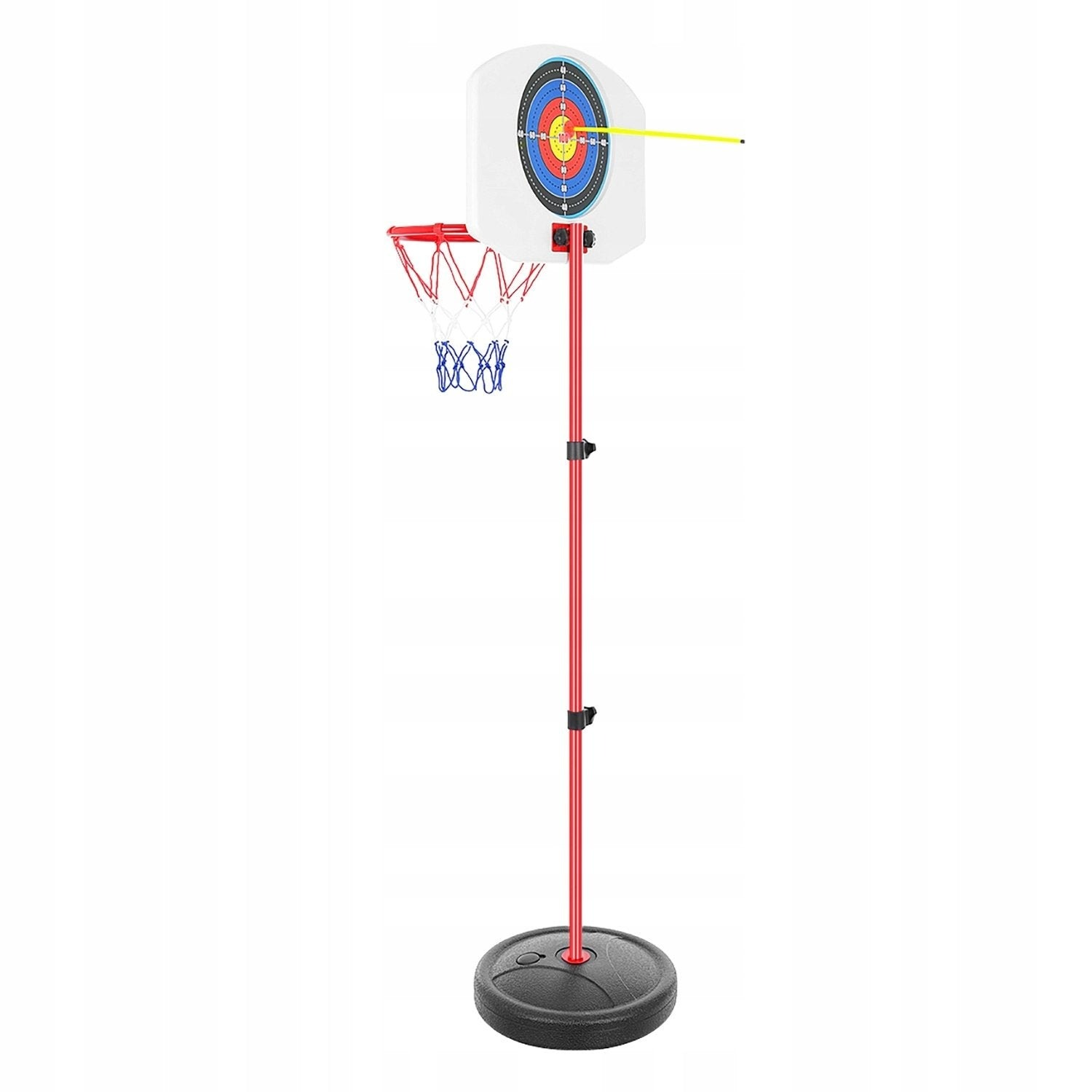 Una canasta de baloncesto con diana y flecha sobre soporte rojo y base negra.