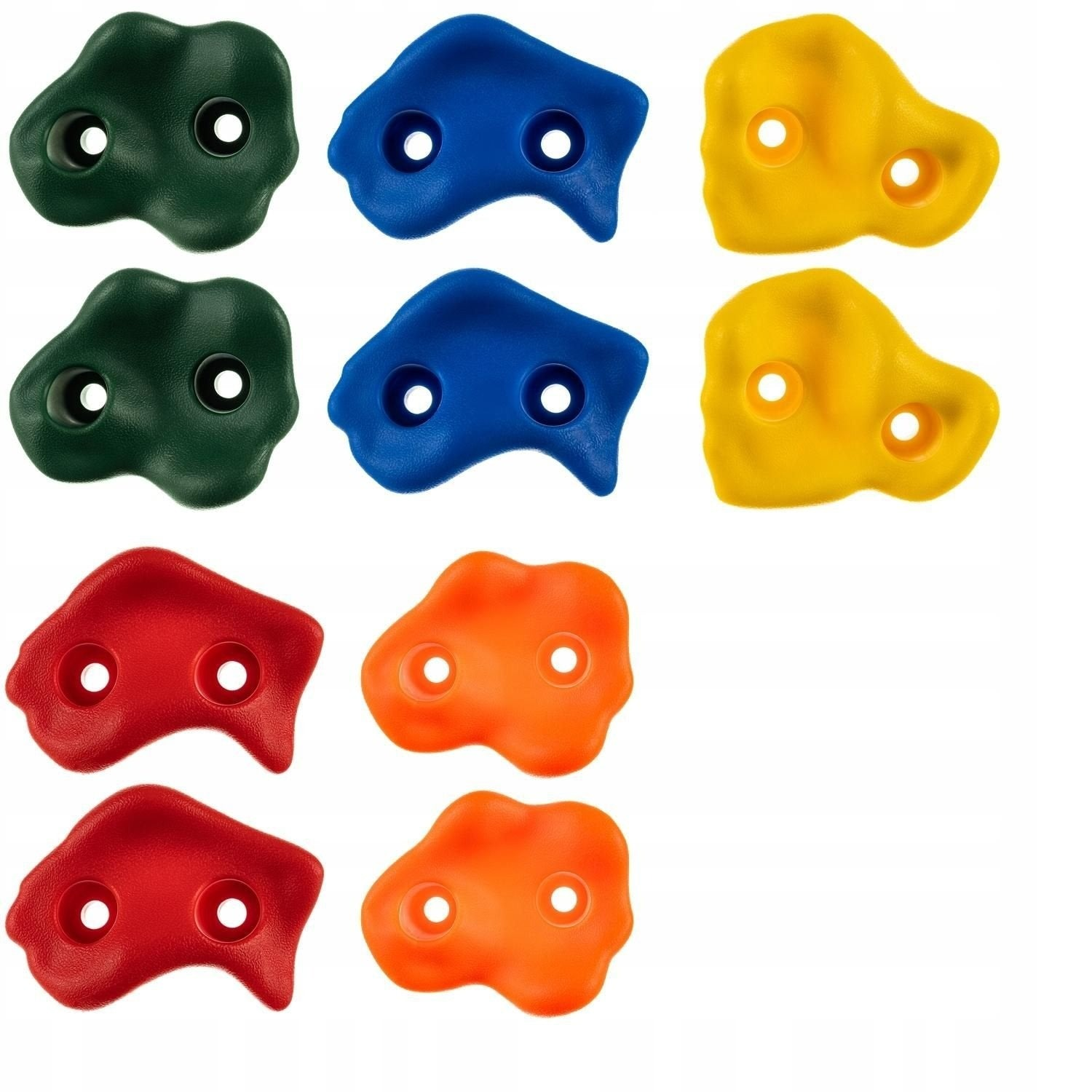 Agarres de escalada verdes, azules, amarillos, rojos y naranjas con dos agujeros.