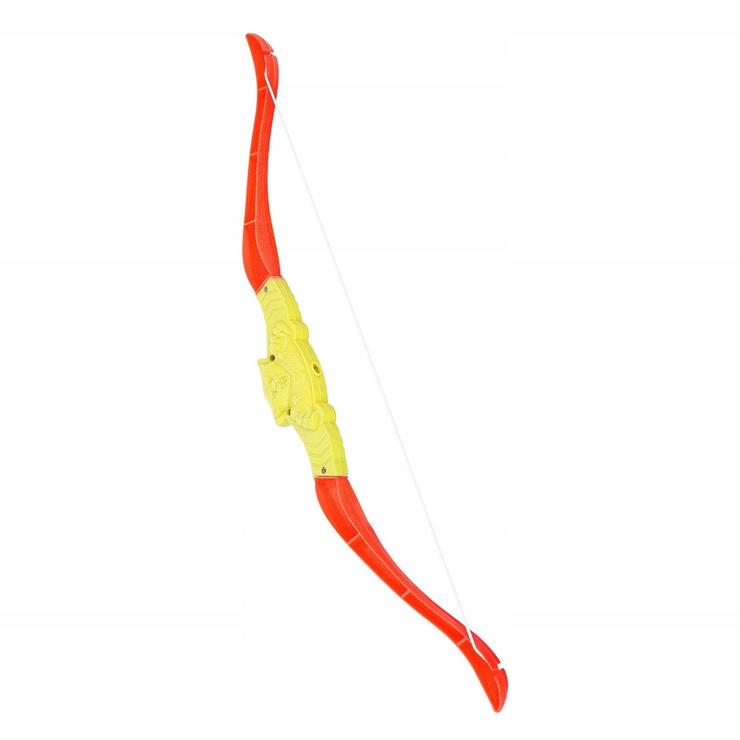 Un arco de juguete rojo y amarillo con cuerda blanca, aislado sobre fondo blanco.