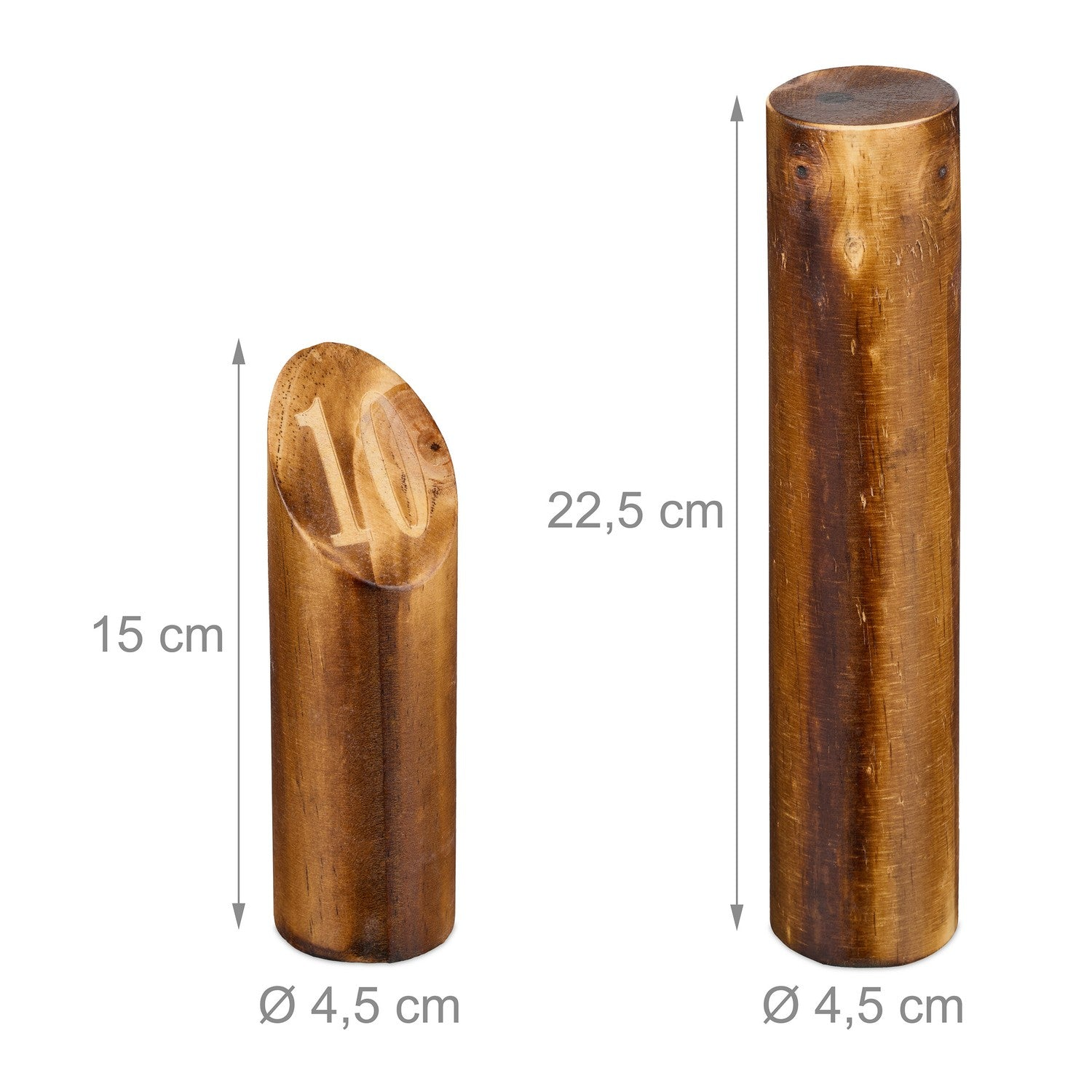 Dos cilindros de madera: uno de 15cm con "10", otro de 22,5cm.