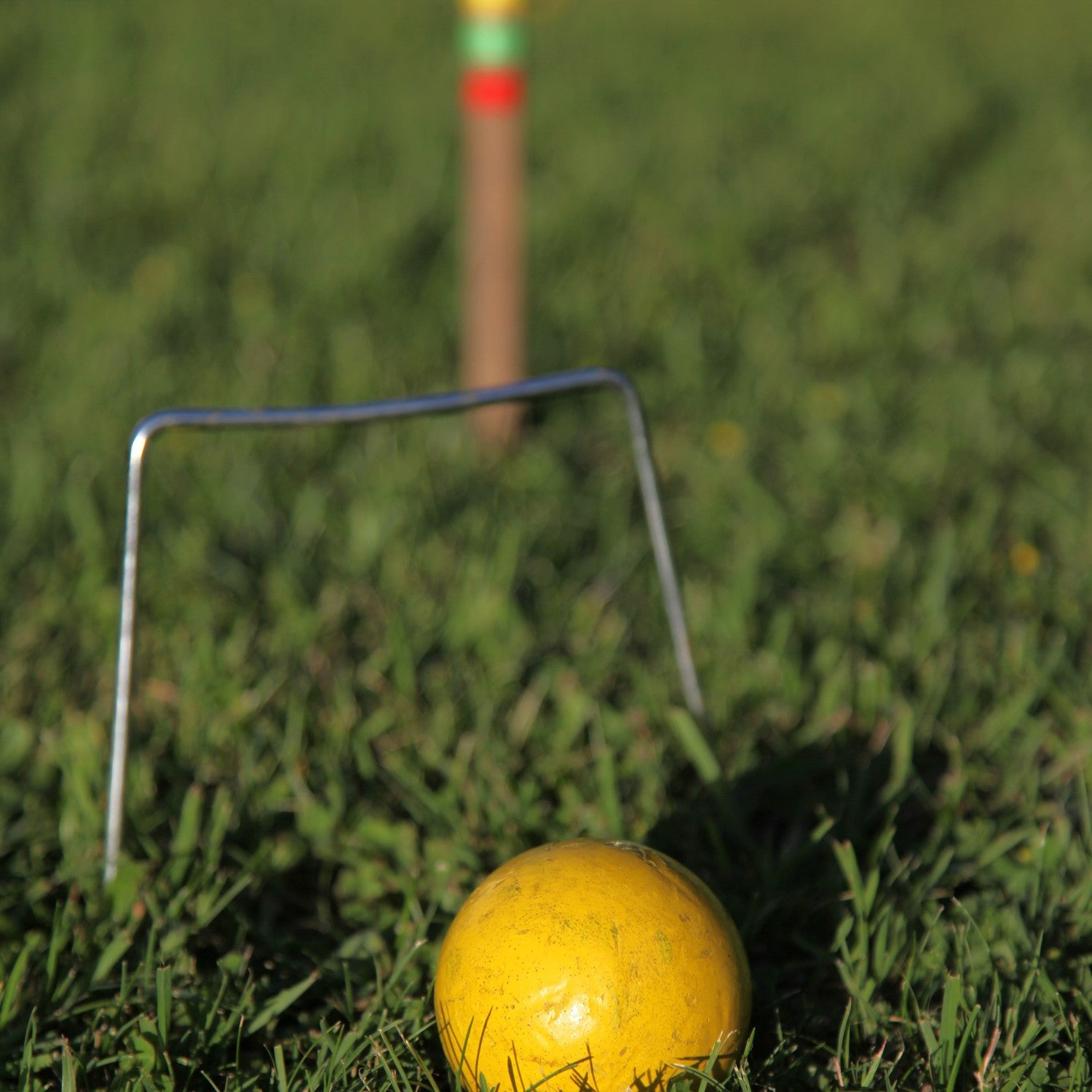 Una pelota amarilla yace en el césped junto a un aro de croquet y un poste.