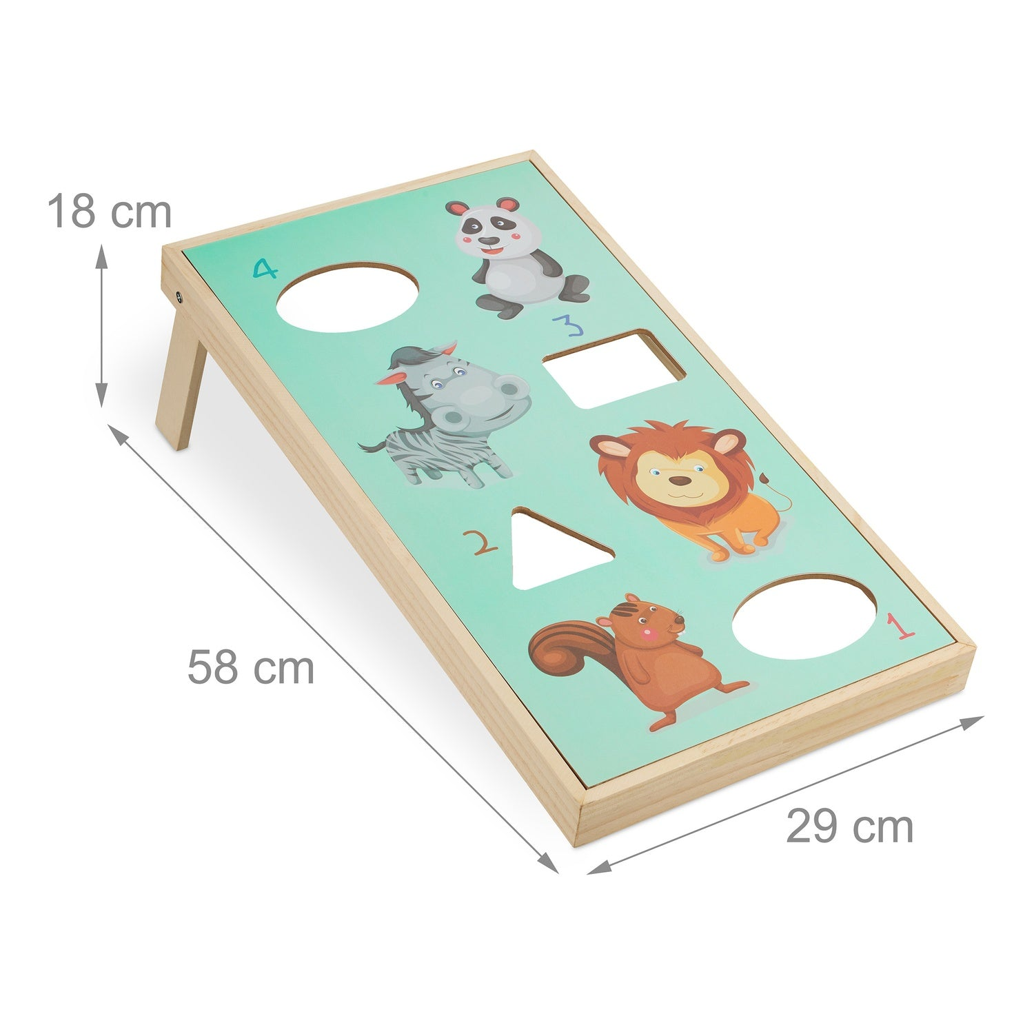 Juguete de madera con diseños de animales y formas recortadas para niños.
