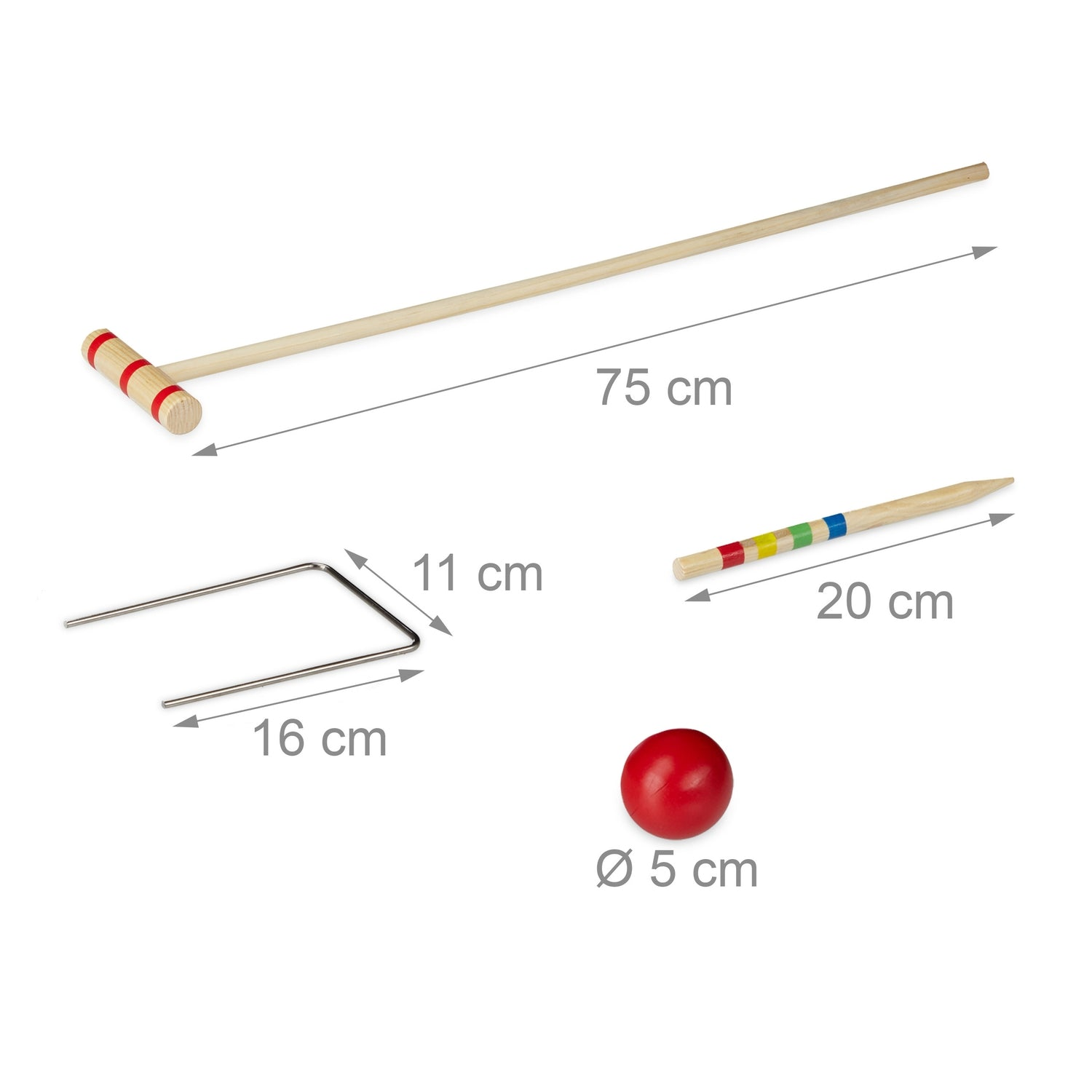 Un juego de croquet de madera con mazo, bola, arcos y medidas.