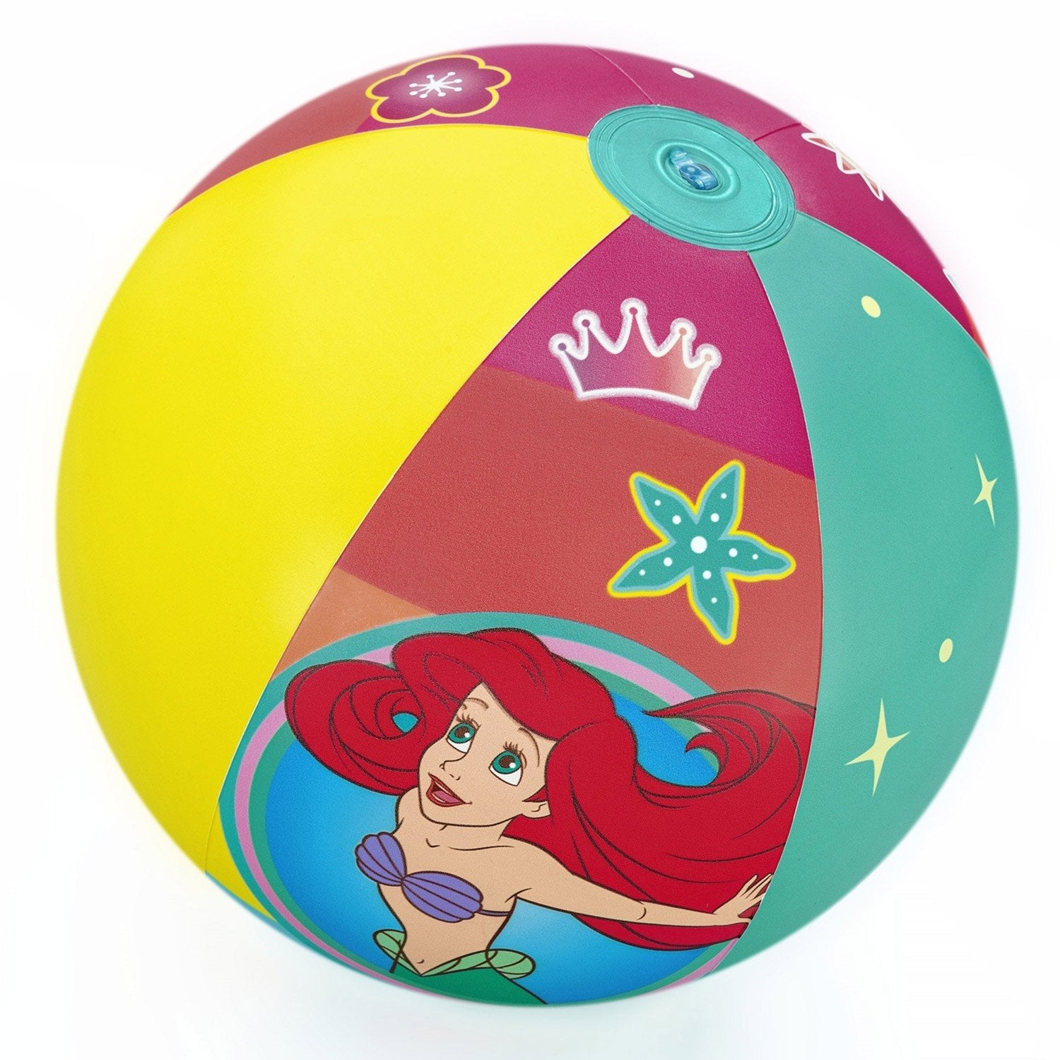 Una pelota de playa colorida con Ariel de La Sirenita y símbolos de princesas Disney.