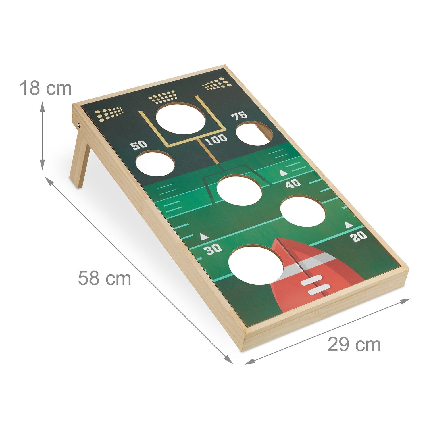 Tablero de juego de lanzamiento de fútbol americano de madera con agujeros y puntuaciones.