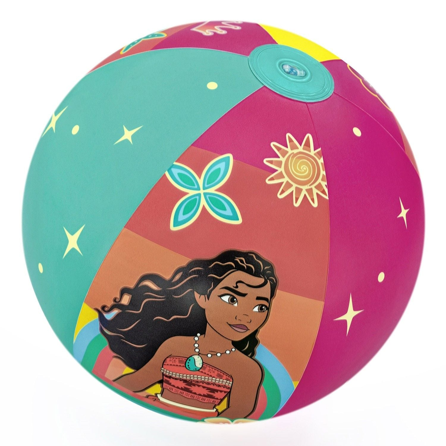 Una pelota inflable con Moana y coloridos patrones geométricos.