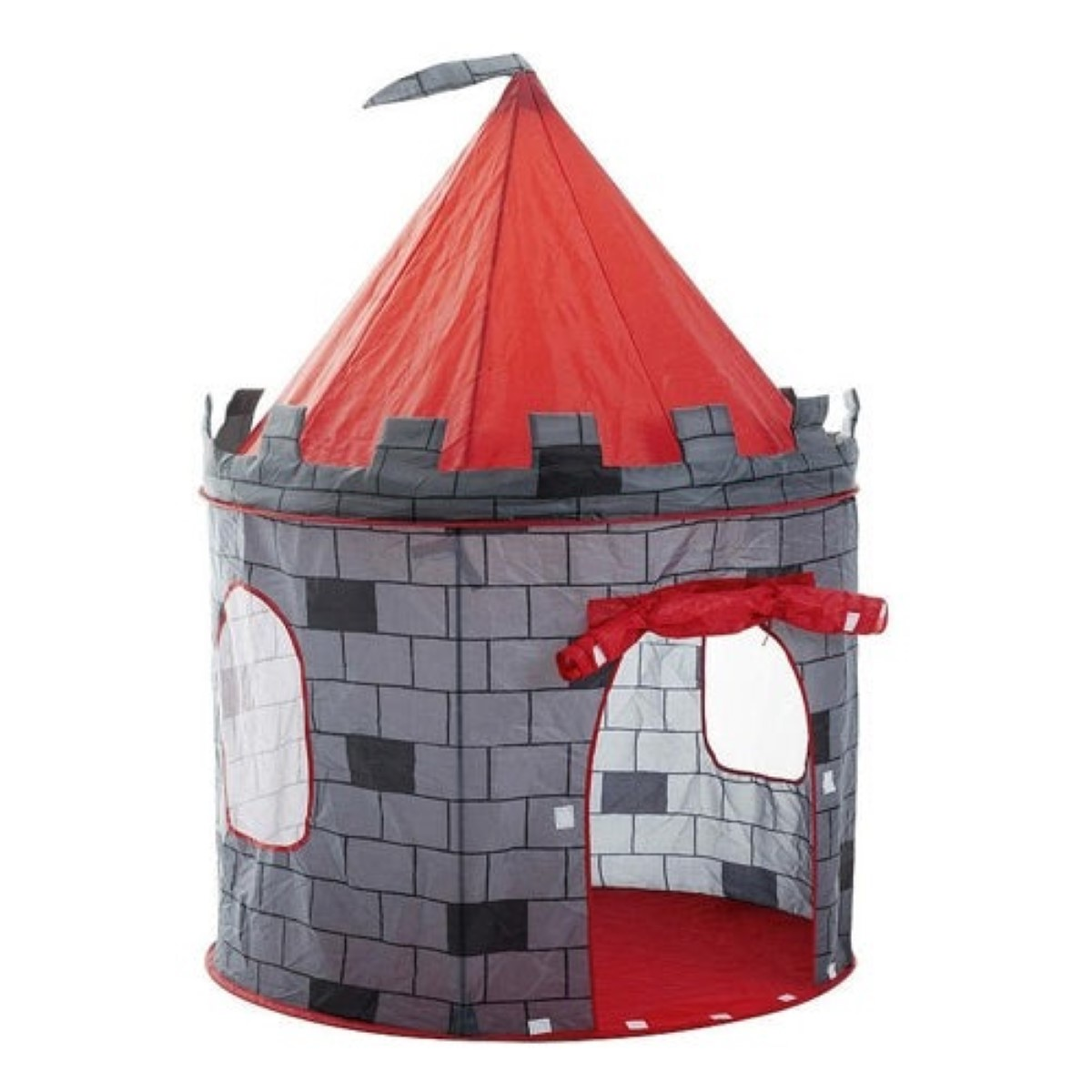 Una tienda de juegos roja y gris con forma de castillo, con techo cónico rojo y paredes con patrón de ladrillo gris.
