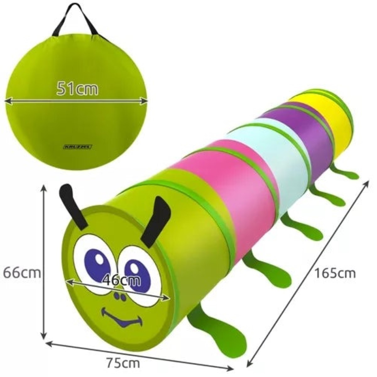 Túnel de juguete con oruga colorida. Dimensiones: 165cm L, 75cm An, 66cm Al. Elemento verde redondo 51cm.