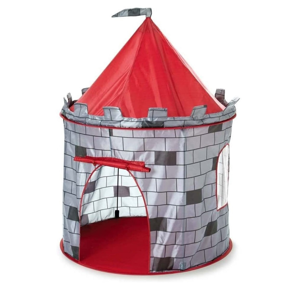 Una tienda de castillo roja con almenas y una bandera. Patrón de ladrillo gris.