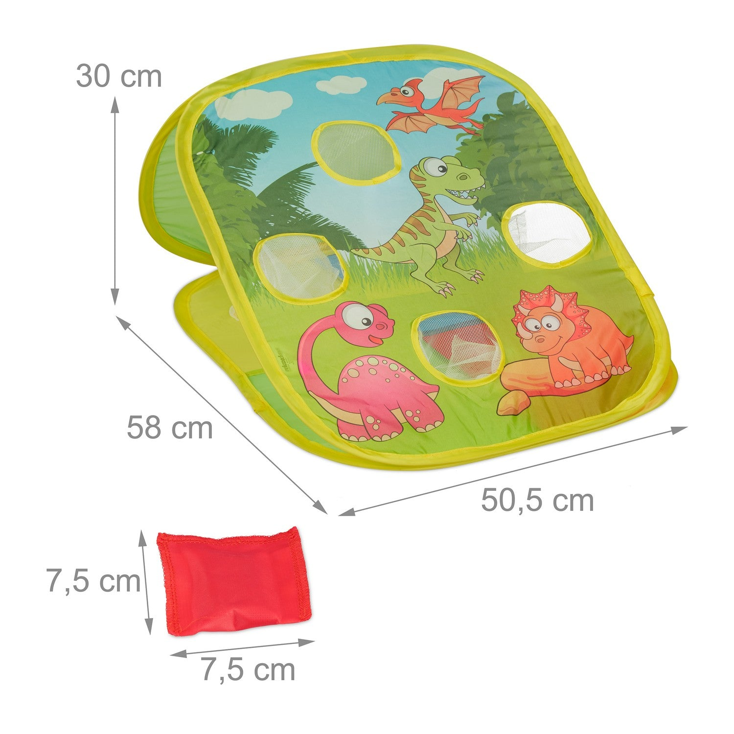 Un colorido juego de lanzamiento con motivo de dinosaurio y bolsas rojas.