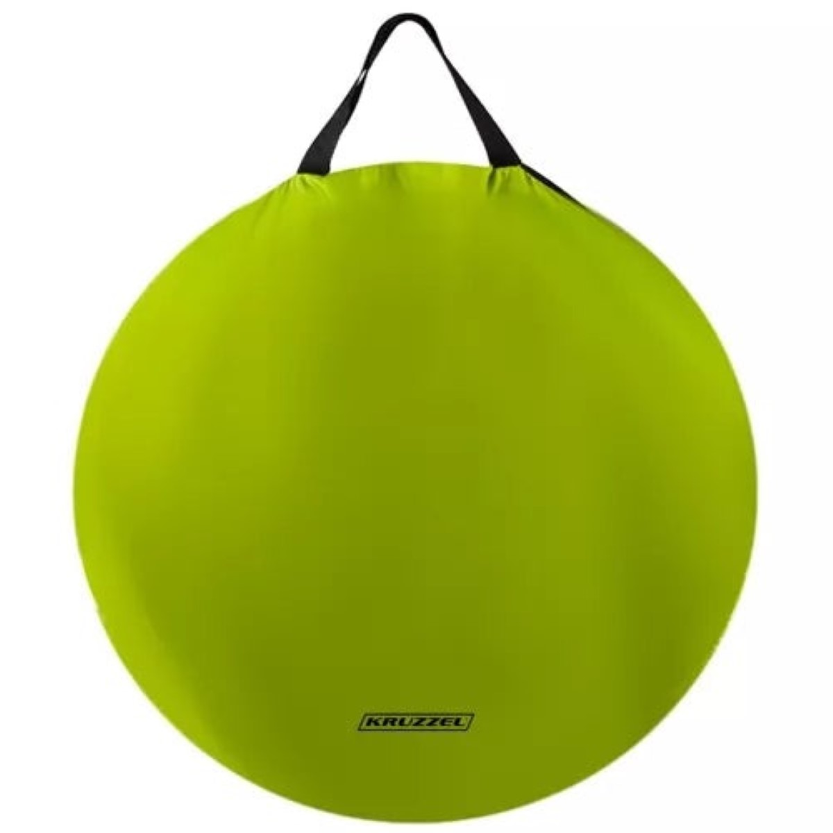 Una bolsa redonda verde brillante con asa negra y logo.