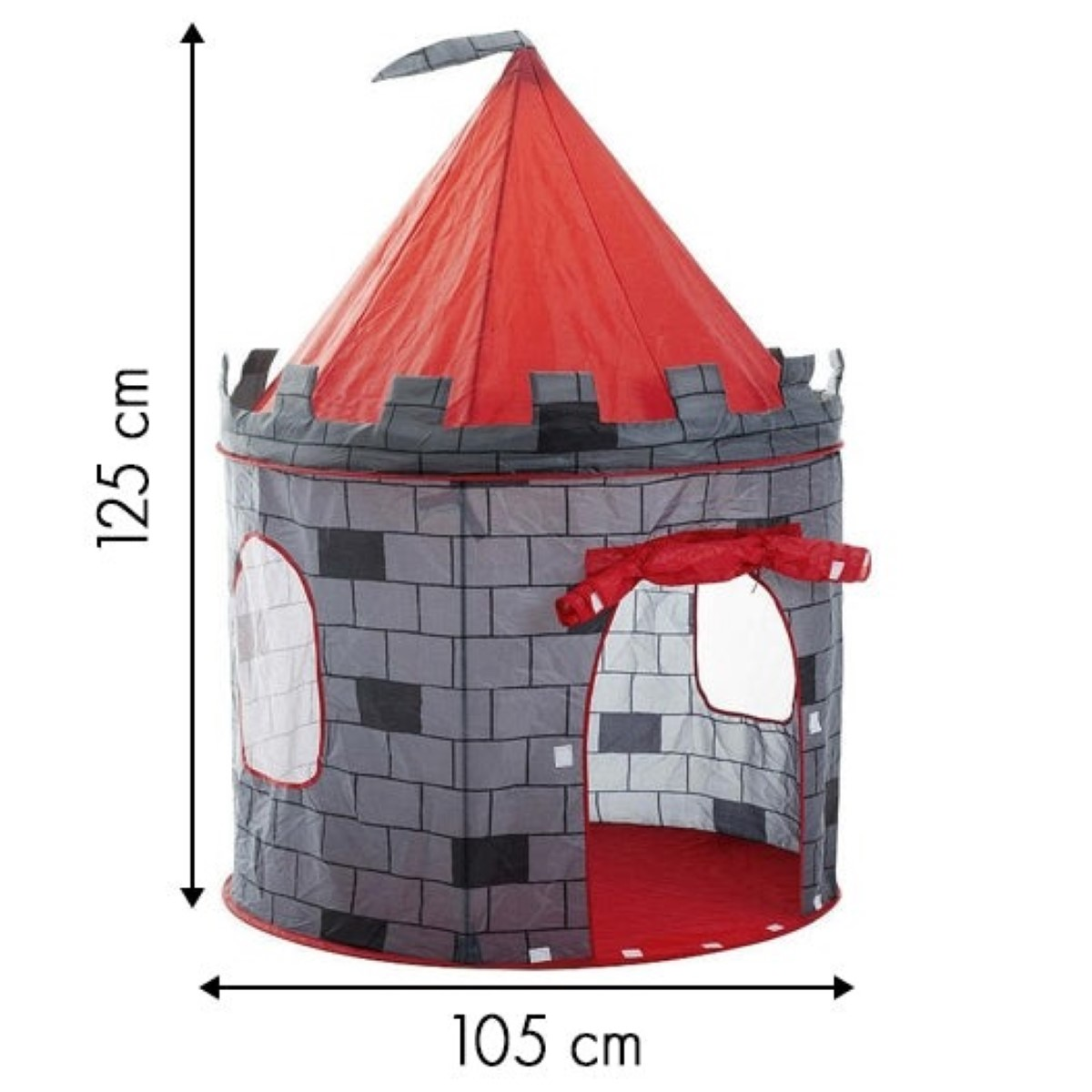 Tienda de campaña de castillo roja con detalles de ladrillo gris, ventanas y entrada.