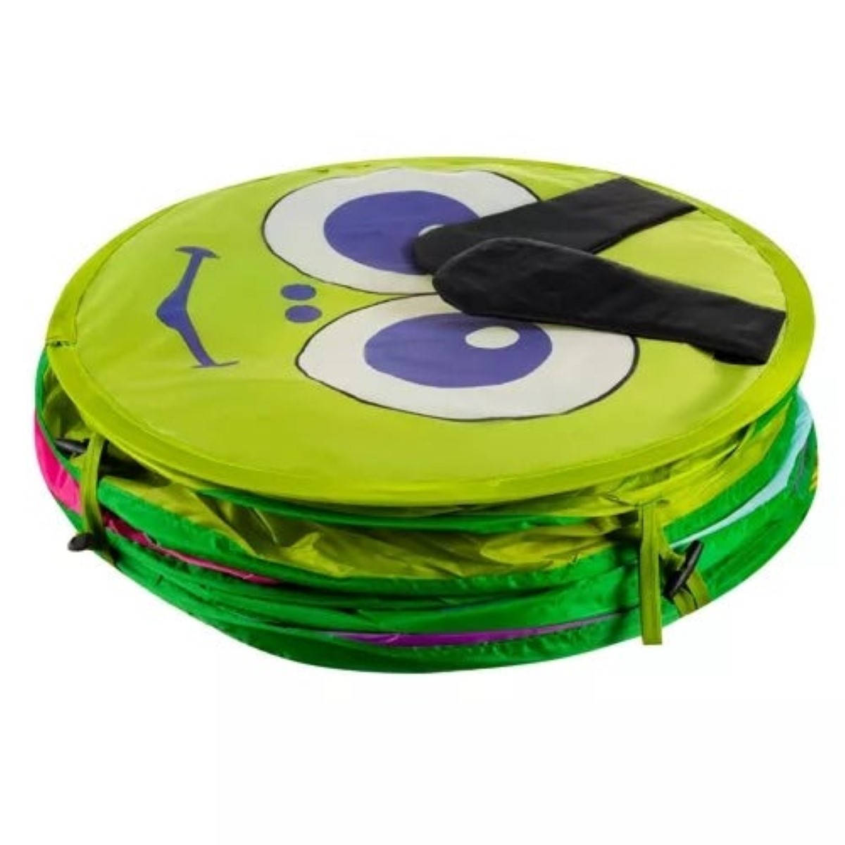 Un cesto de juguetes plegable, verde brillante, con diseño de cara de monstruo.