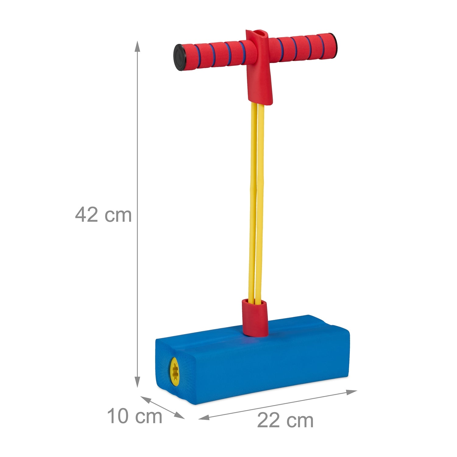 Palo de pogo azul con mangos rojos y postes amarillos. Dimensiones mostradas.
