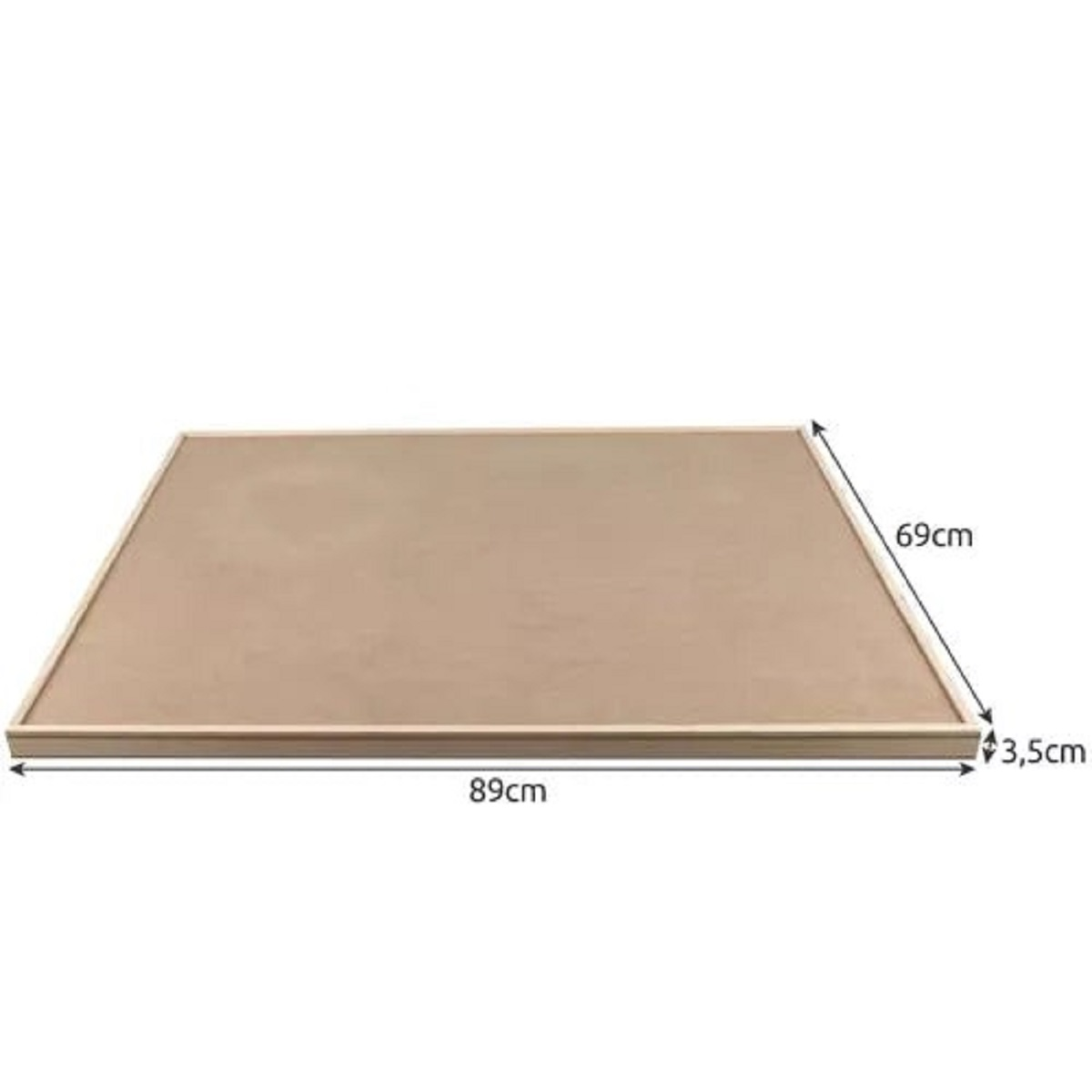 Tablero de madera plano de 89x69cm, con 3,5cm de profundidad.