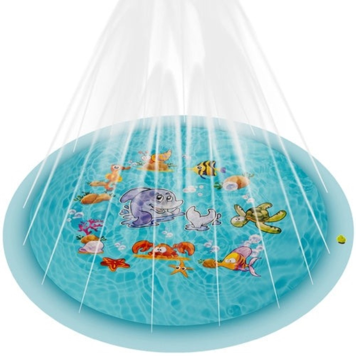 Una piscina inflable con chorros de agua y diseños marinos.