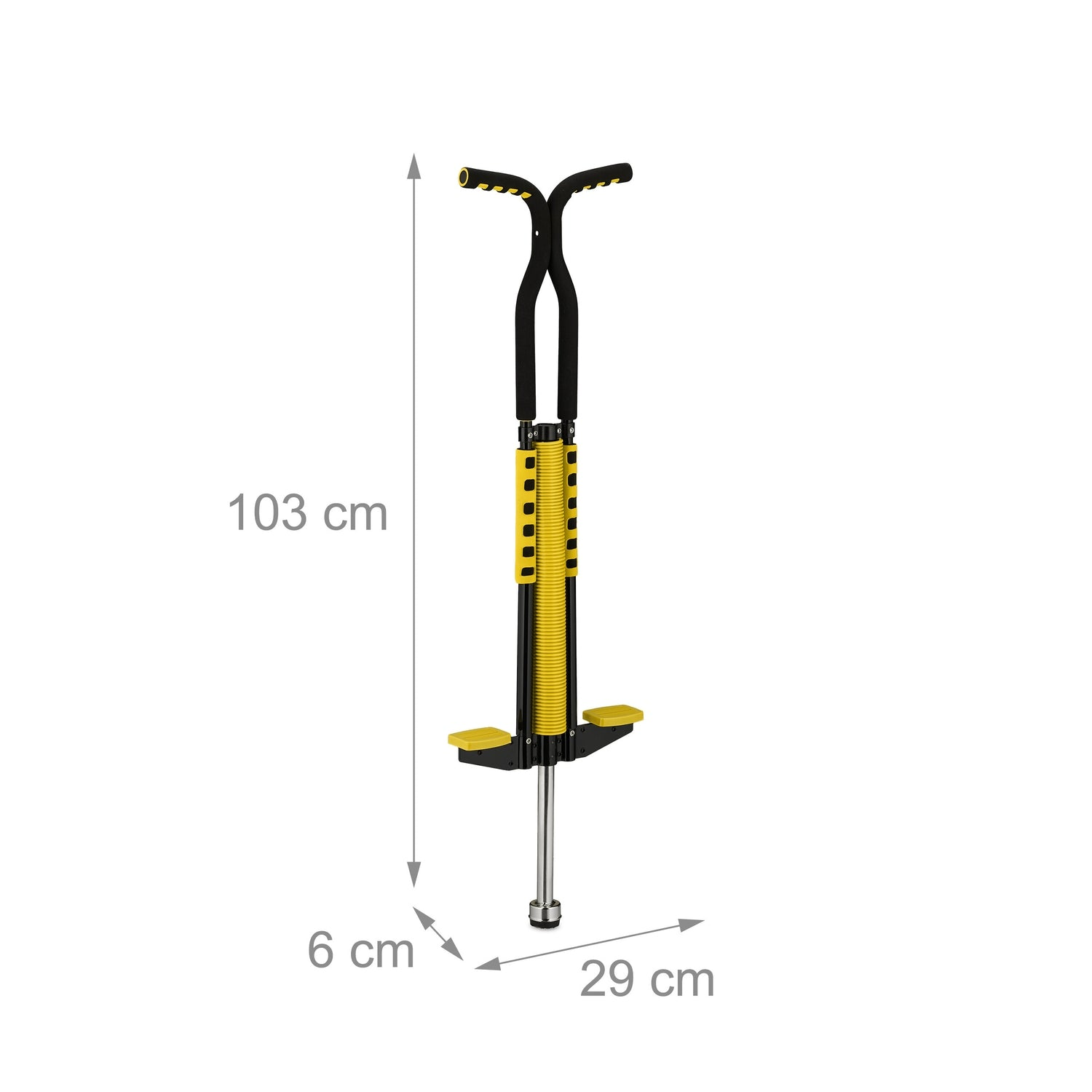 Un Pogo stick amarillo y negro de 103x29x6 cm.