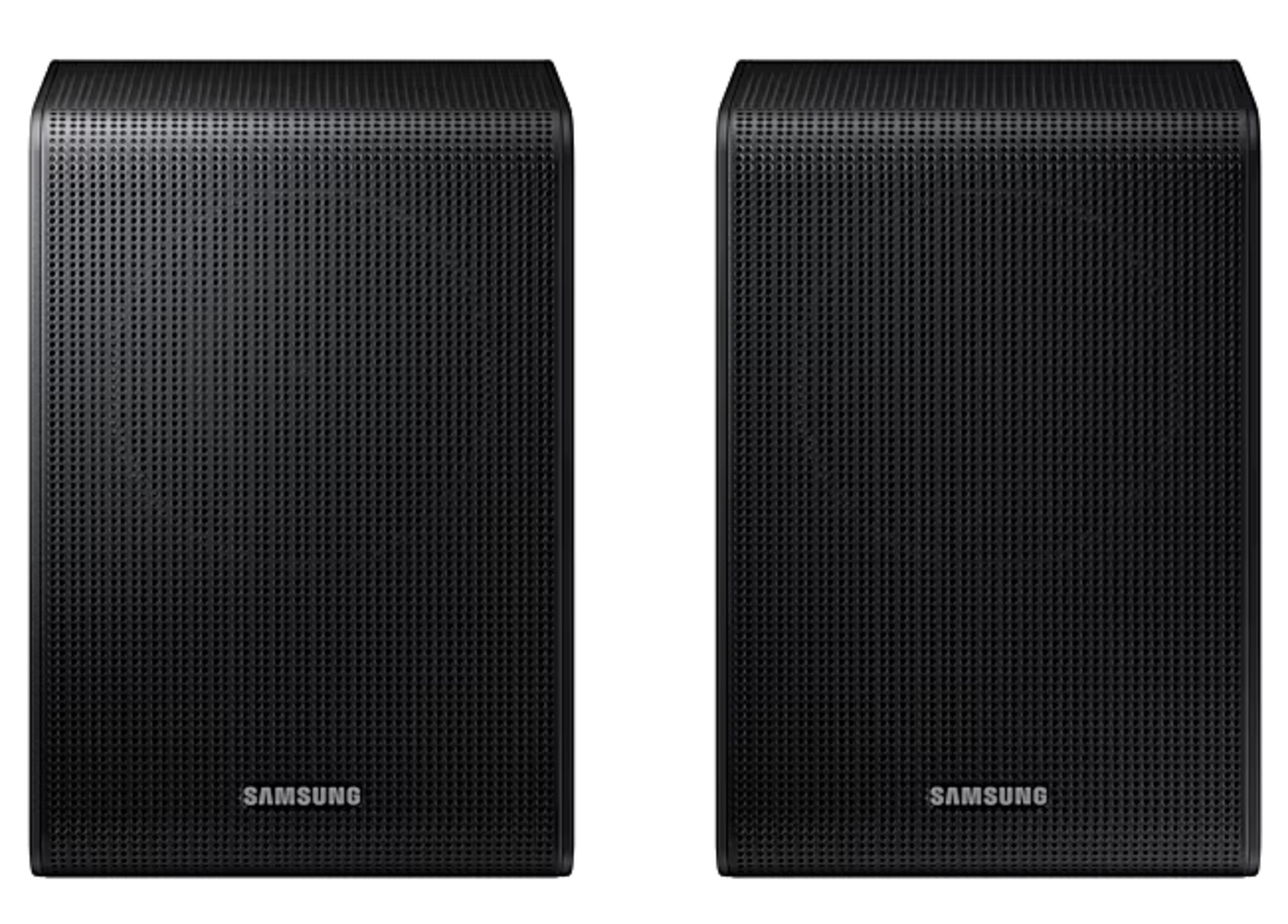 Due altoparlanti Samsung neri con fronte forato e logo argentato.