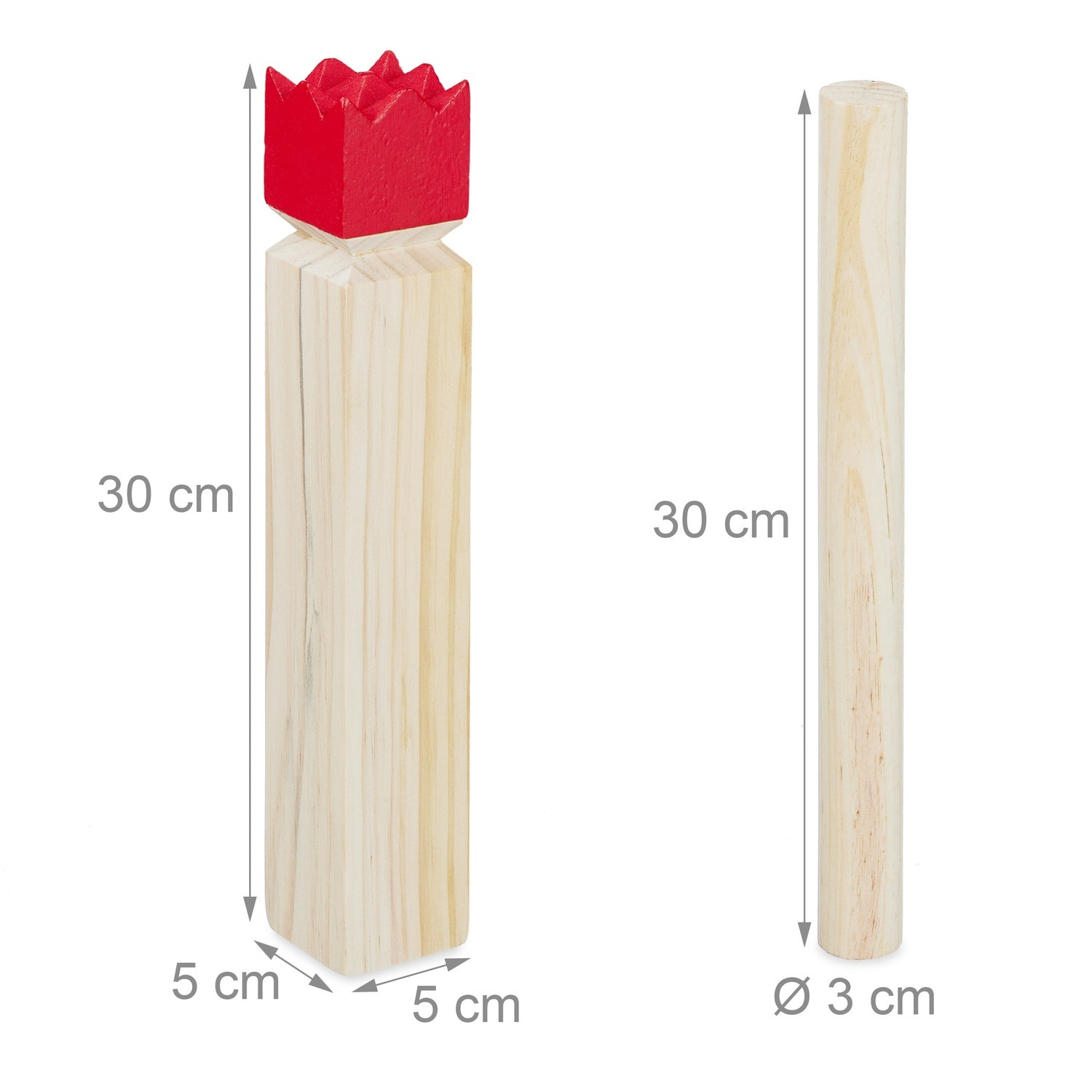 Bloque de madera (30cm largo, 5x5cm ancho) con corona roja y una varilla de madera de 30cm (3cm diámetro).