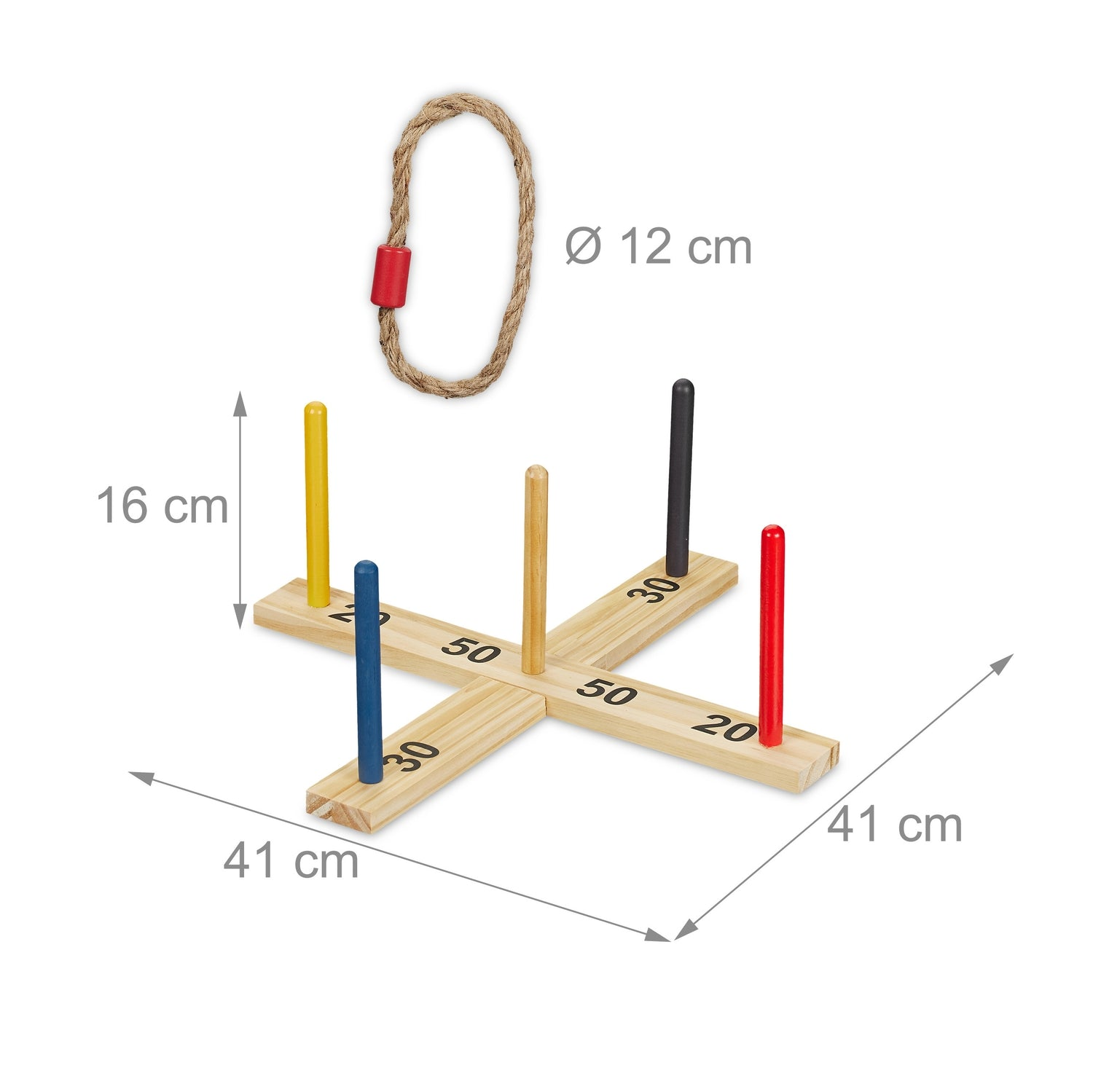 Juego de lanzar aros con base de cruz de madera y 4 postes (amarillo, azul, negro, rojo).