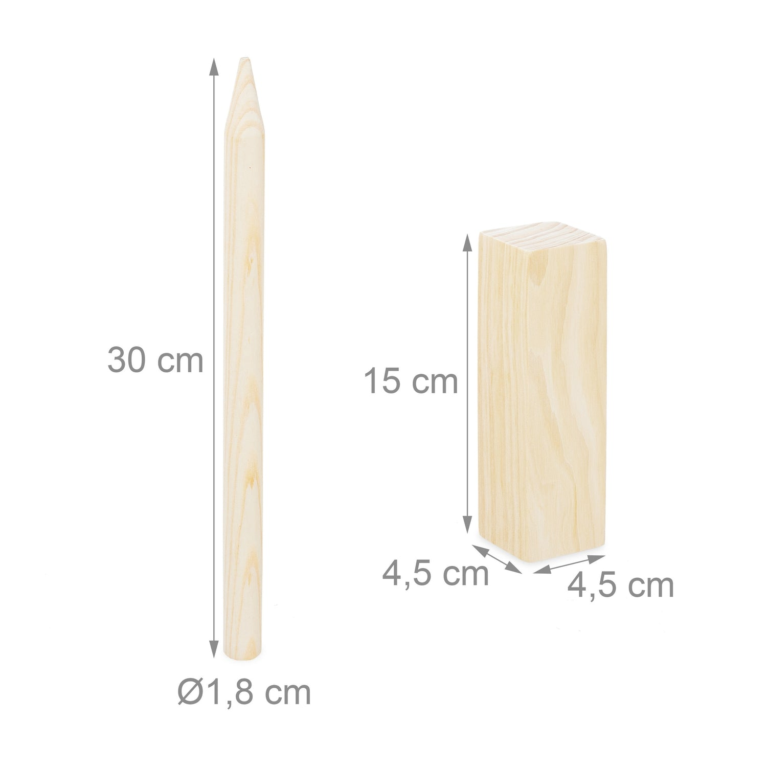 Una estaca de madera puntiaguda, 30 cm de largo, y un bloque de madera, 15 cm de alto.