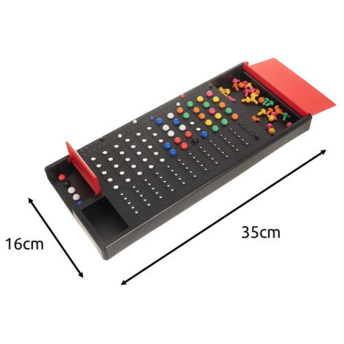 Tablero de juego negro con bolas y clavijas coloridas. Dimensiones 35x16cm.