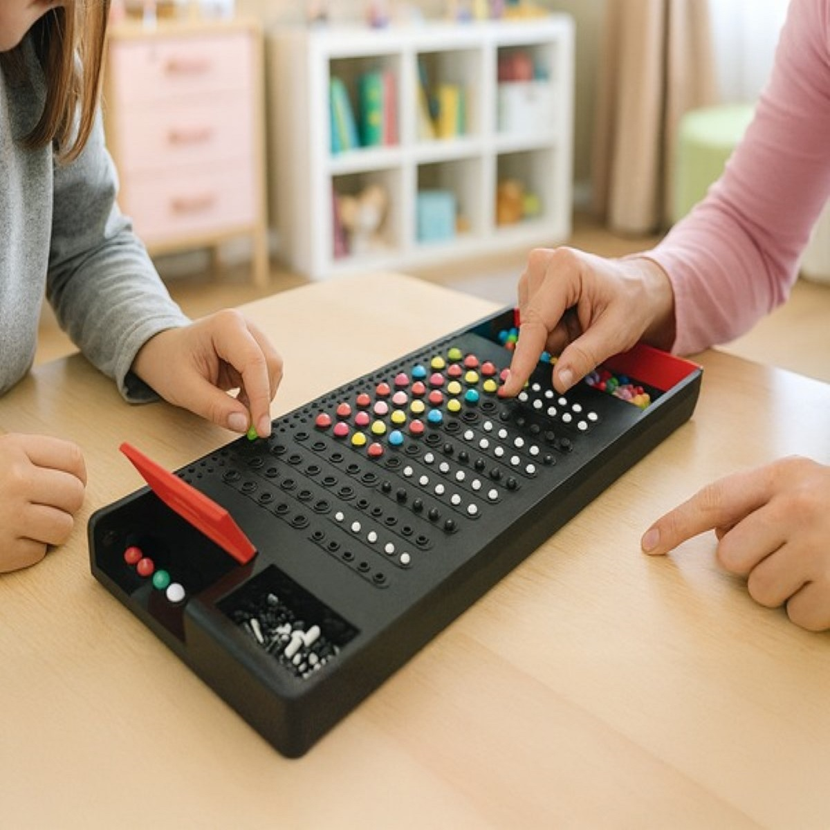 Dos manos juegan a un juego de mesa con clavijas de colores en una mesa de madera.