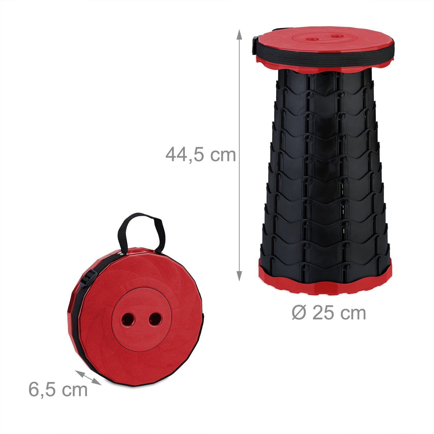Un taburete plegable rojo y negro, mostrado extendido y plegado.